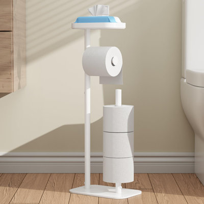 Porte-papier hygiénique sur pied - Support pour papier hygiénique en métal antirouille pour 4 rouleaux avec base antidérapante et tablette pour téléphone et petits articles, organisateurs de salle de bain et rangement