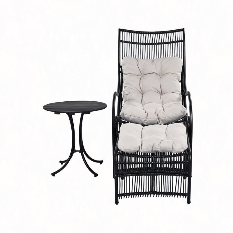 3 Pieces Wicker Outdoor Patio Furniture Set With Lounge Chair, Balcony Chairs Table Set With Cushions, Ottoman, Patio Conversation Sets For Garden,Deck,And Porch