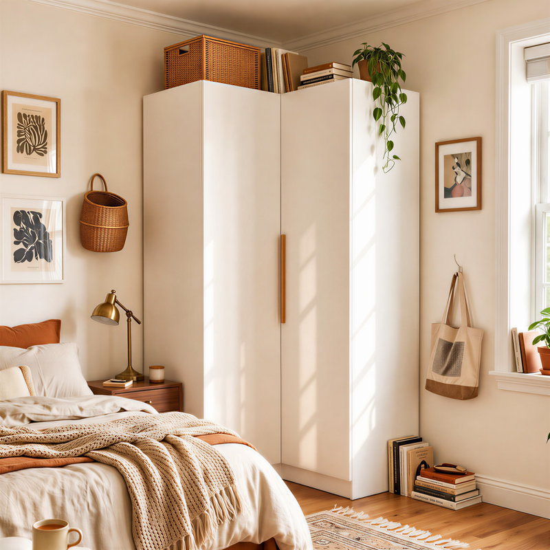 Garde-robe de coin à 2 portes avec tringle suspendue et 6 tablettes intérieures, rangement pour garde-robe de chambre à coucher peu encombrant