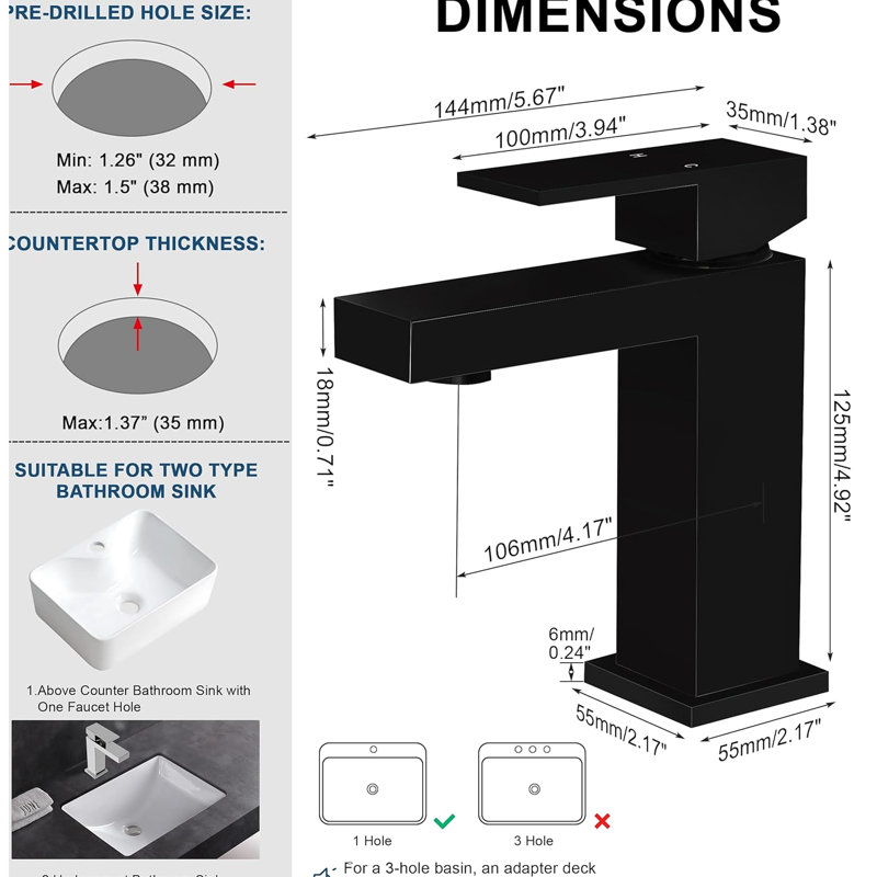 Robinet de salle de bain monotrou noir mat avec bonde escamotable, matériau en laiton massif, économiseur d'eau de 20%, levier pour le contrôle, drain de configuration de fuite et tuyaux d'alimentation en eau, rouille, économie, débit et température, bricolage