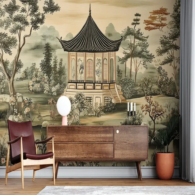 Elegant Oriental Pavilion Landscape Wall Mural, 106" L x 138" W