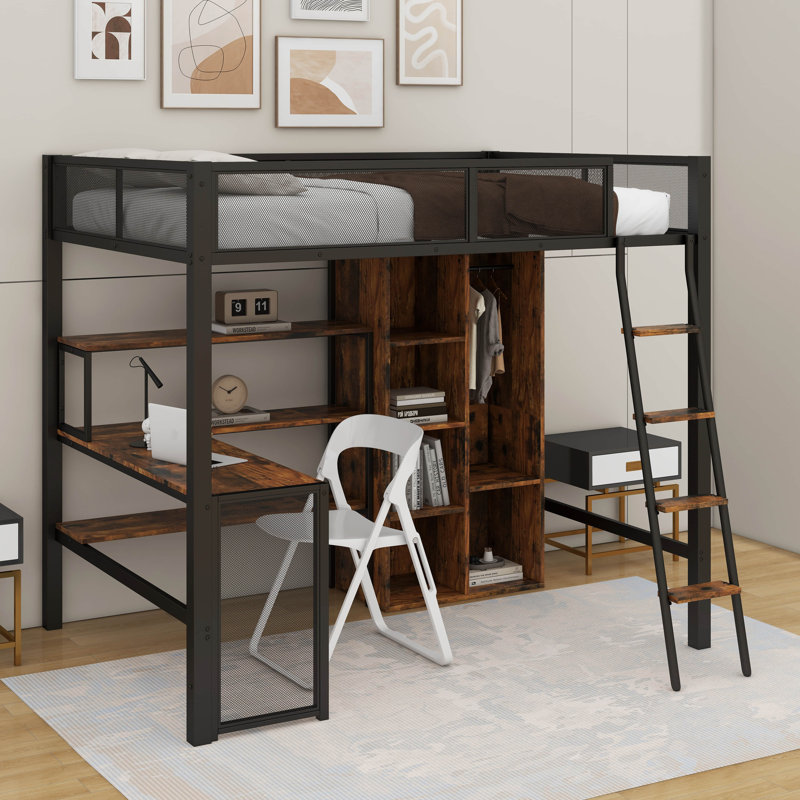 Full Size Metal Loft Bed With Built-In Desk, Wardrobeand Shelves