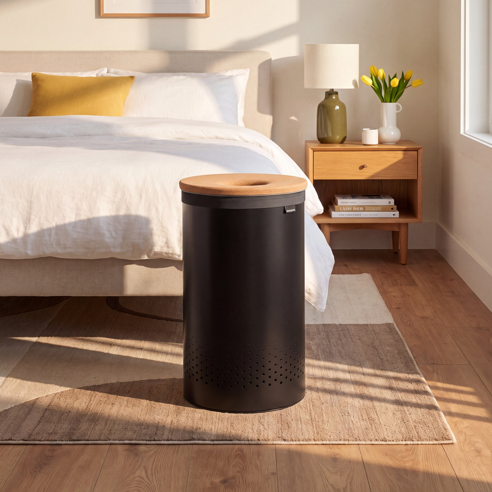 Brabantia Laundry Hamper with Cork Lid, Large (25" H x 14.96" W x 14.96" D), Matte Black