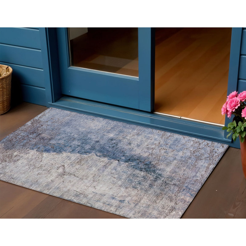 3' X 5' Navy Blue And Gray Abstract Washable Indoor Outdoor Area Rug