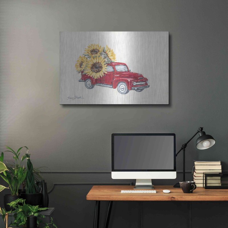 «Sunflower Farm Truck» par Sara Baker, art mural en métal, H 24 po x l 36 po