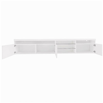 Meuble télé de conception unique avec 2 tablettes en verre, grand espace de rangement pour téléviseur de 105 po ou moins, meuble télé polyvalent avec lumières à DEL changeant de couleur pour le salon, blanc (ANCIEN SKU: WF314584AAK)
