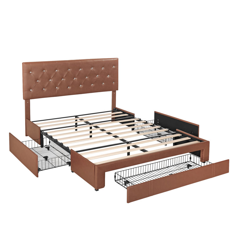 Structure de lit moderne en cuir synthétique avec tête de lit capitonnée réglable, Grand lit, Brun