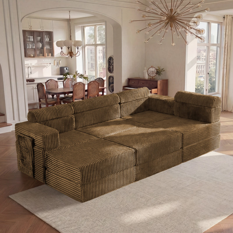  Sisler 6 Piece 141.6" Oversized L Shape Upholstered Convertible Modular Corduroy Compression Sofa with Storage Pockets, No Assembly