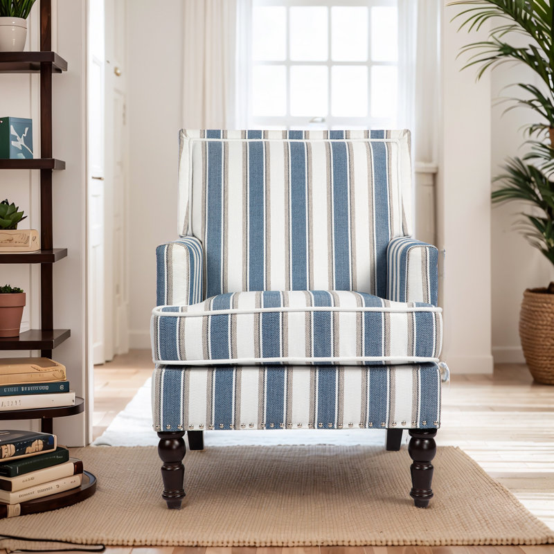 Clorice Classic Mid-Century Modern Armchair with Nailhead Trim, Blue Striped Linen