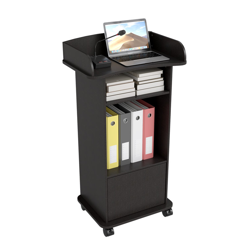 Ergonomic Standing Desk Podium, Mobile Lectern with File Storage, Locking Casters, Pen Slot, Black