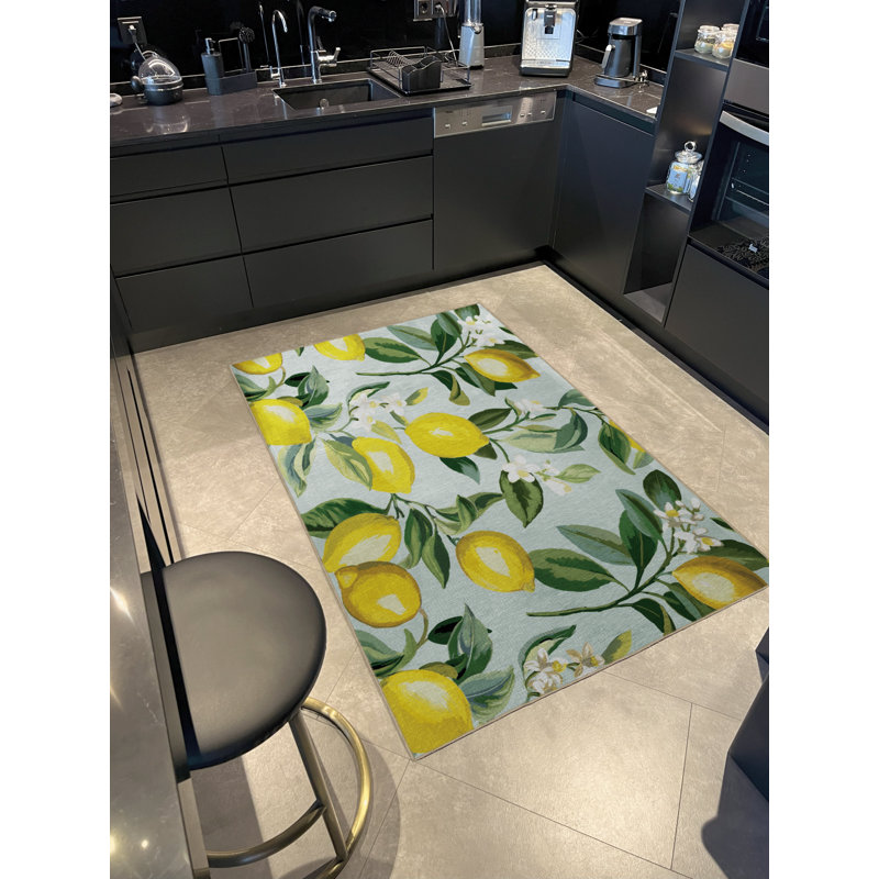 Light Blue-Themed Tree Branch and Lemon Patterned Modern Decorative Rug, Rectangle 4'11" x 7'6"