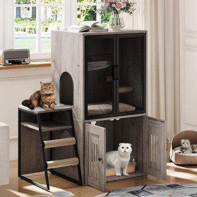Hidden Litter Box Furniture, 2 Tier Enclosed Litter Box Furniture with Doors, Hidden Storage and Ladder, Grey