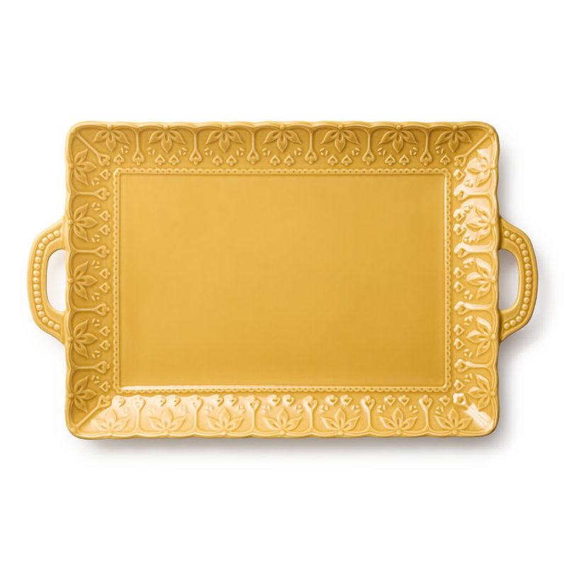 Plateau Provence rectangulaire en grès gaufré de 20 pouces avec poignées - Grand style champêtre français - Grand plateau de service jaune moutarde pour les réceptions et les fêtes