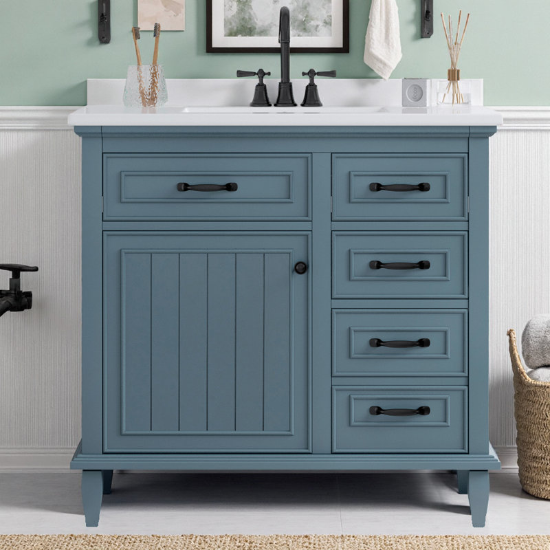 Meuble-lavabo moderne avec lavabo 36 po, armoire en bois massif gris-bleu avec tiroirs rabattables et porte à fermeture en douceur, capacité de 200 lb, meuble-lavabo autoportant