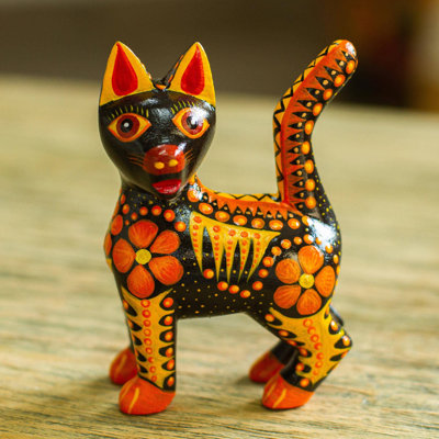 Fiery Alebrije Cat Wood Figurine