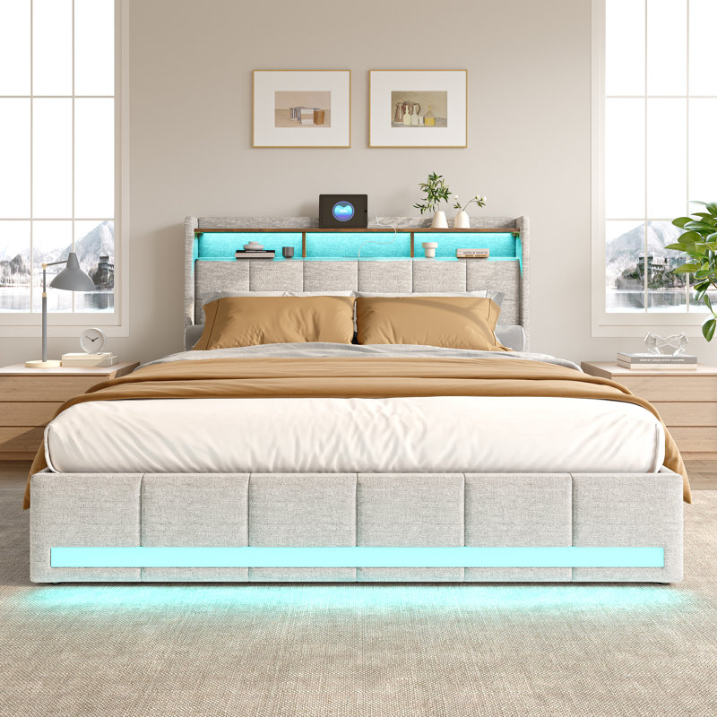 Carlyann Modern Fabric Bed Frame With LED Headboard Storage, USB & Type-C Ports, And Under-Bed Drawers, Beige
