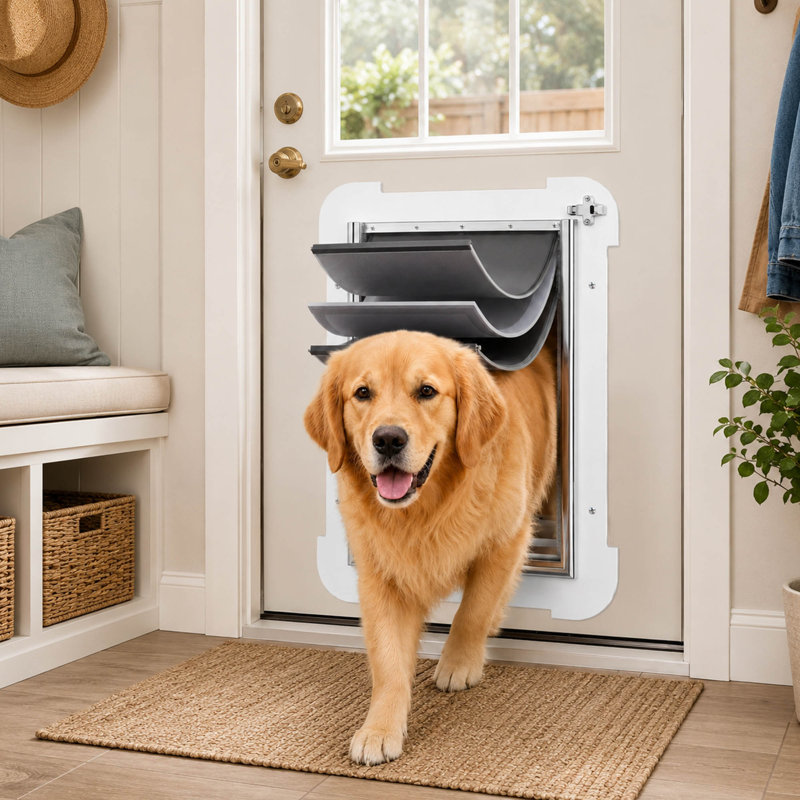 Grande porte pour chien à 3 battants en acier, tunnel isolé et panneau de verrouillage