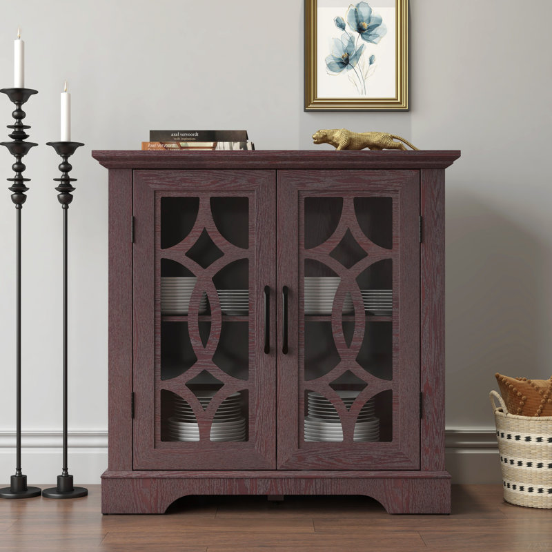 34.37" Cabinet 2 Clear Tempered Glass Doors Buffet, Cherry, 34.06" H x  34.37" W x 15.55" D