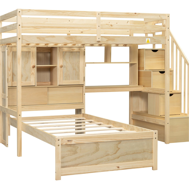 Lit simple au-dessus d'un lit mezzanine avec compartiments de rangement et conception robuste et naturelle en bois massif
