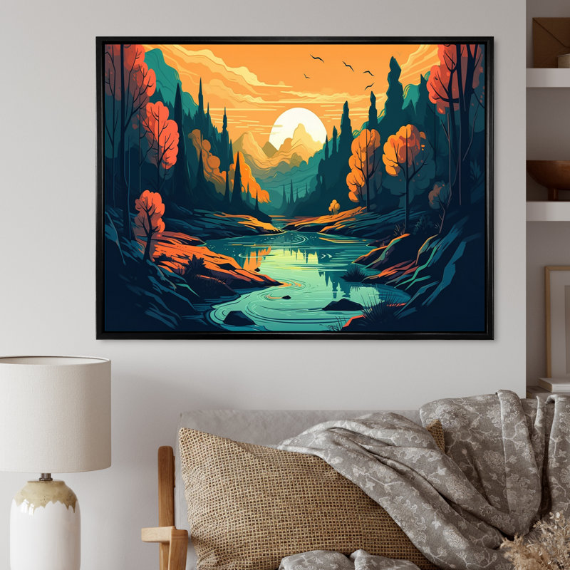«Beautiful Stream at Sunset I», reproduction, H 16 po x l 32 po x P 1 po, Cadre flottant noir