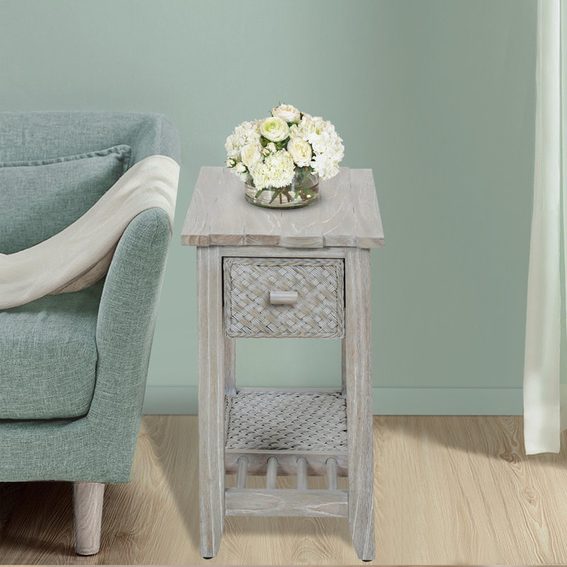 Washed Gray Solid Acacia Wood End Table with Storage