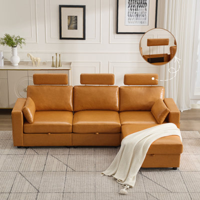 Canapé d'angle modulaire en similicuir avec appui-tête réglable et pouf de rangement