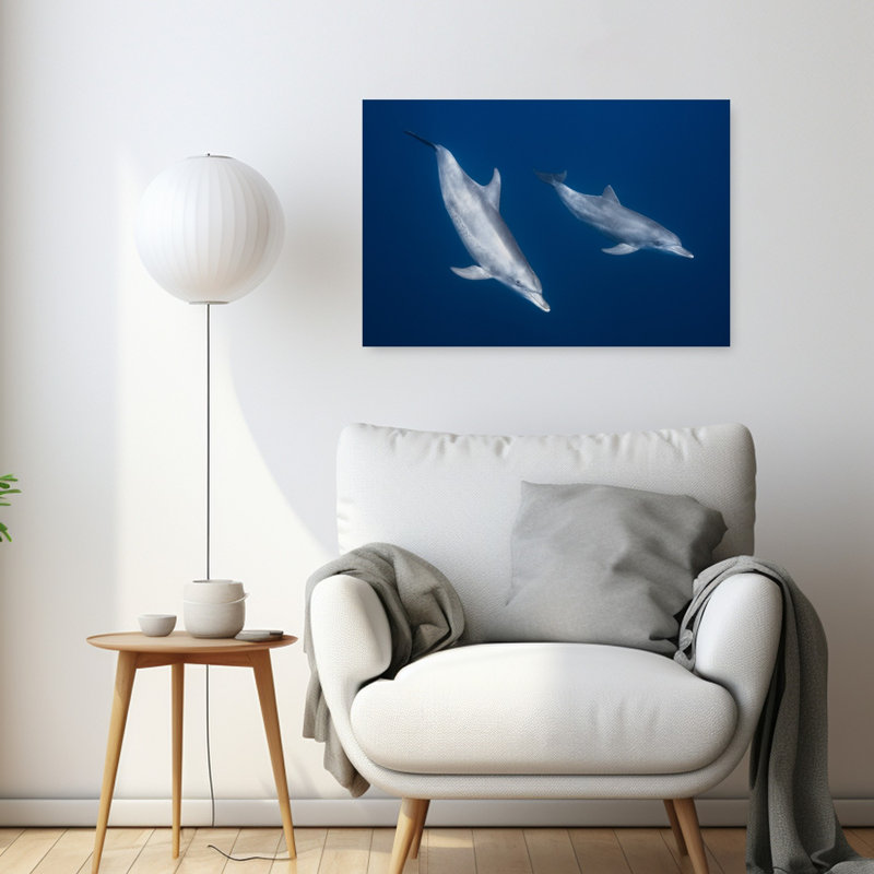 Swimming Dolphins Duo Peaceful Serene Contemporary Dolphin Ocean Wildlife Wall Art Print 1 Piece Wrapped Canvas Wall Art