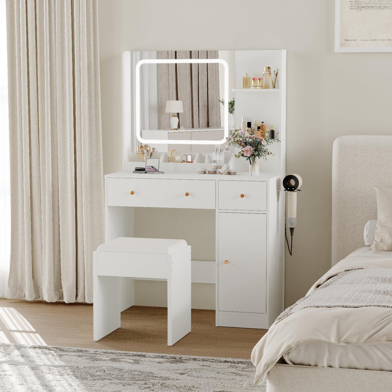 55 inch White Vanity Desk with LED Lighted Mirror Power Outlets Makeup Vanity Table Set with 4 Drawers Shelves, White