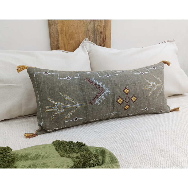 Dusky Green Embroidered Linen Lumbar Pillow Cover