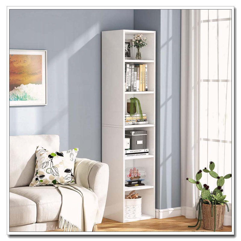 Bibliothèque à 6 coins étroits pour salon, bureau, chambre à coucher, Blanc