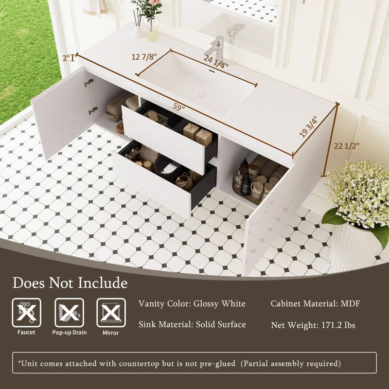 Meuble-lavabo flottant 60 po avec lavabo, Blanc lustré, 59"