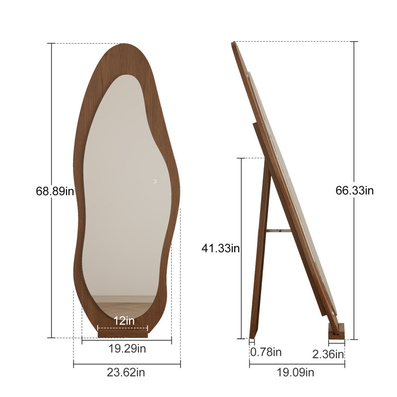 Wavy LED Full-Length Mirror, Solid Wood Frame, Shatterproof, Floor & Wall Mount, Brown