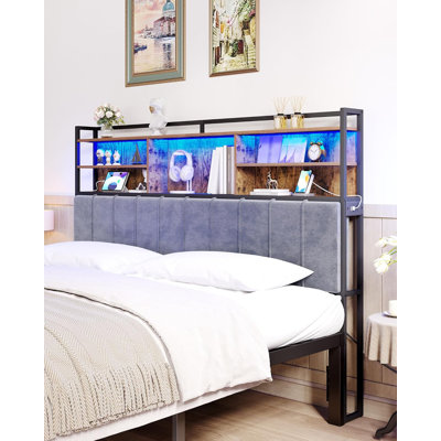 Headboard with 3-Tier Storage Shelves, Velvet Upholstered Head Board with 2 Outlets, USB Ports & LED Light, Soft Backrest for King/Queen Size Bed, White and Gold/Rustic Brown and Black