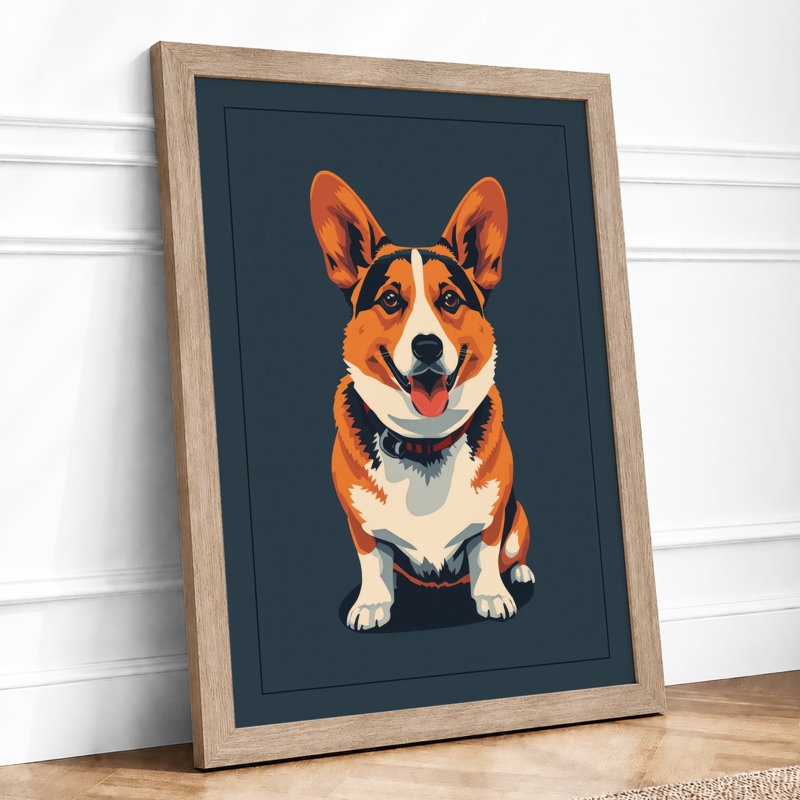 Cheerful Corgi Portrait Modern - Framed Print, A3 - 42.0 x 29.7 cm, Oak