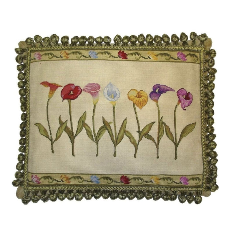 Botanical Needlepoint Accent Pillow With Fringe