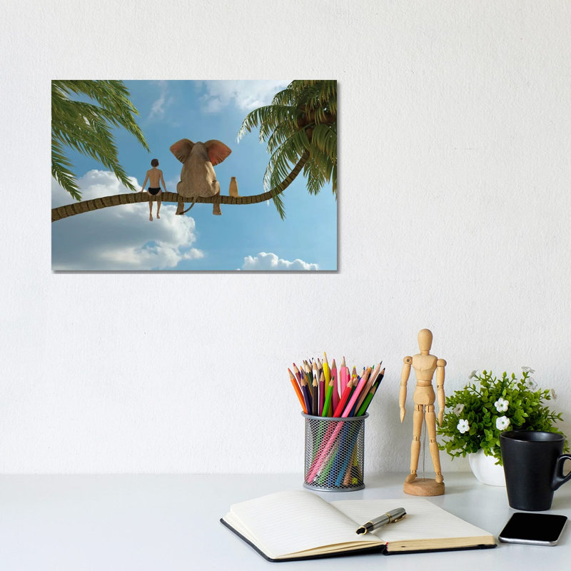 Child, Elephant And Dog Sit On A Palm Tree by Mike Kiev - Gallery-Wrapped Canvas Giclée on Canvas, 20.32 cm H x 30.48 cm W