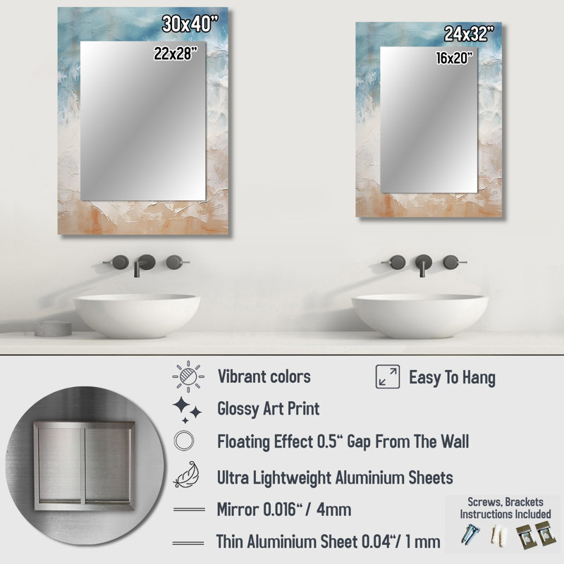 Moderne bleu et beige sable vue aérienne I - miroir mural unique de sable de plage, miroir beige, impression d'art en métal