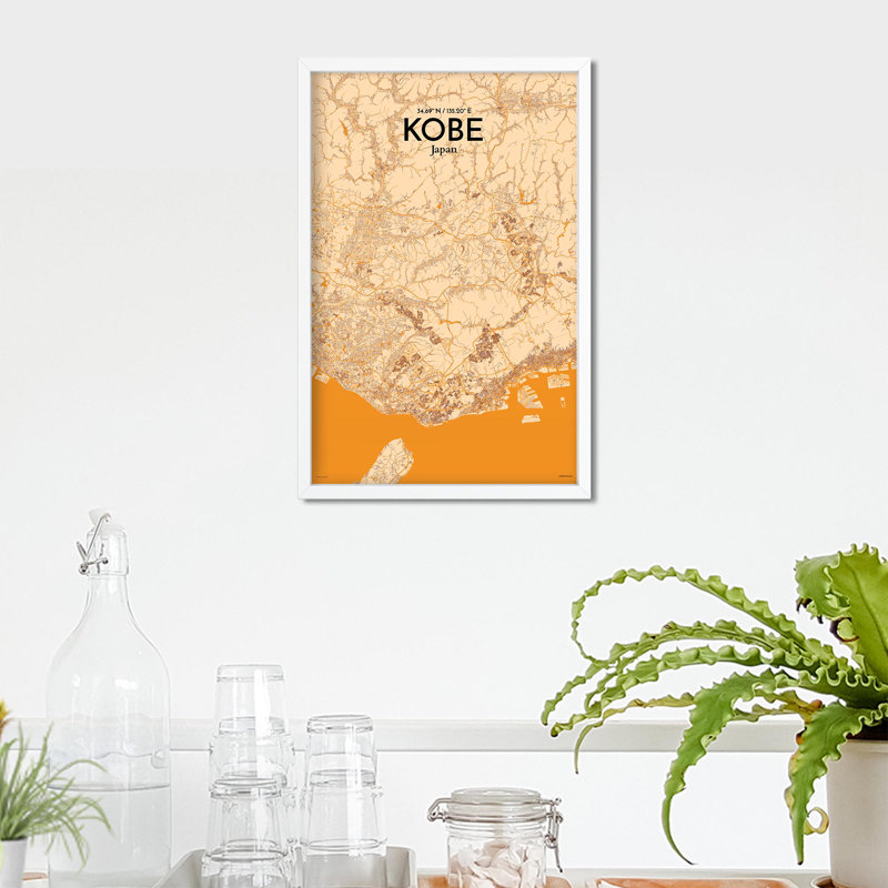 Kobe City Map, impression, Orange / or pâle, H 17 po x l 11 po