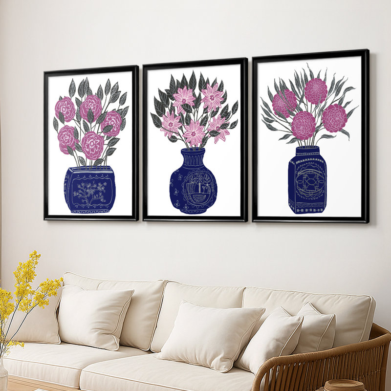 «Painted Vase I» - Toile tendue avec châssis sur mesure - 3 pièces, Noir, H 30 po x l 63 po
