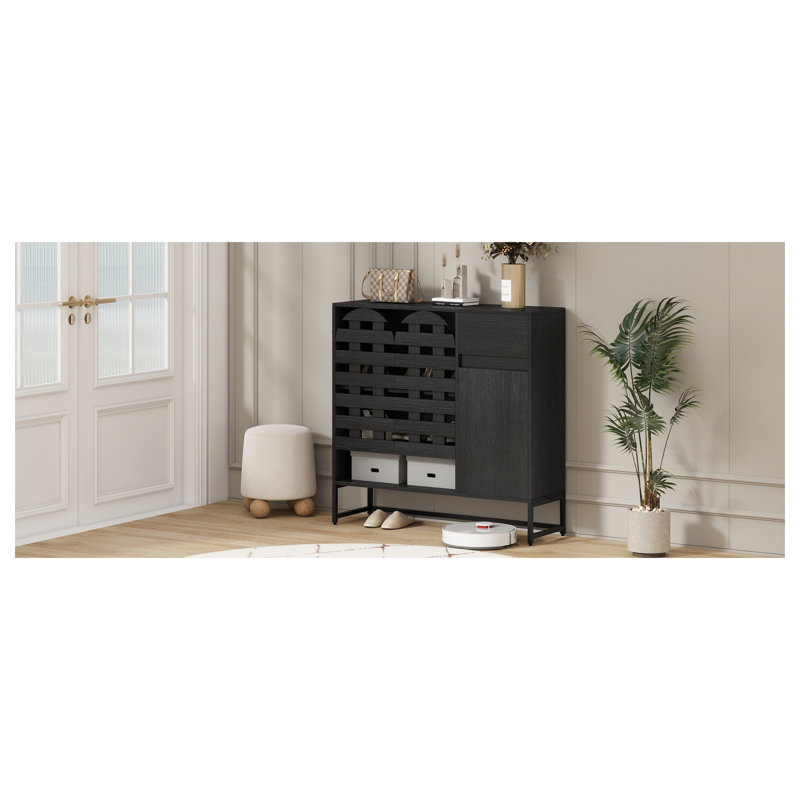 Buffet noir tissé avec rangement et tablettes réglables - Buffet décoratif arqué moderne pour la salle à manger, la cuisine et le salon