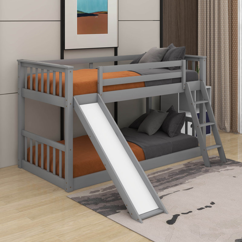 Lit superposé simple au-dessus d'un lit simple avec glissière convertible et échelle, Gris