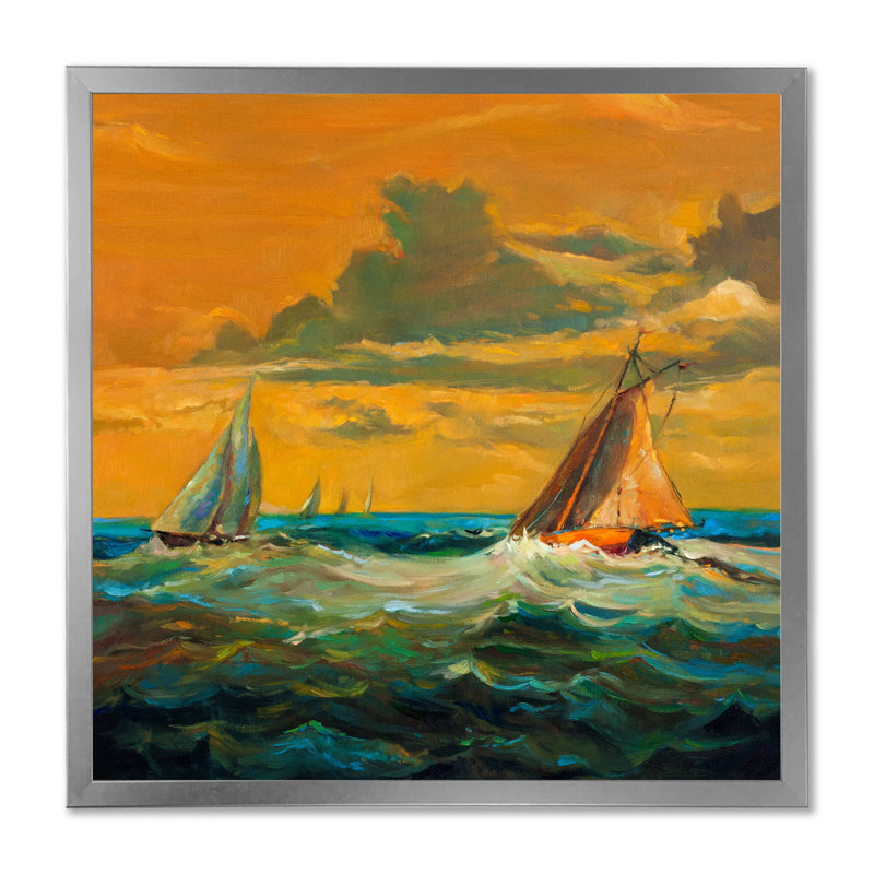 Paysage de voiliers jaunes et verts - Décoration murale en toile nautique et côtière, H 36 po x l 36 po x P 1,5 po