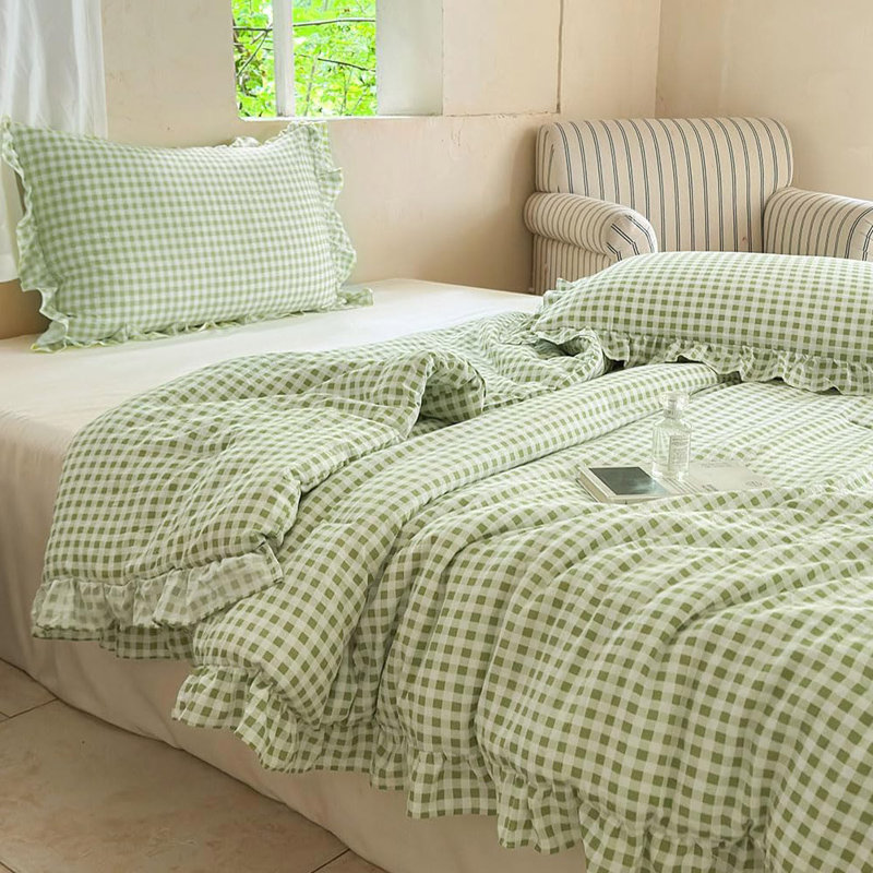 Ensemble d'édredon à volants en microfibre Gingham, Vichy vert, Grand lit