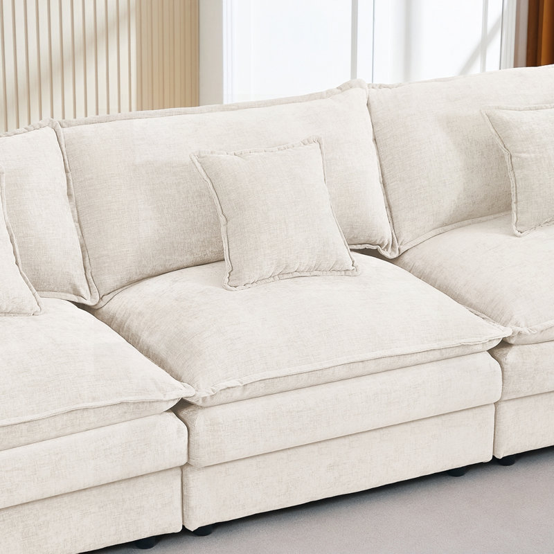 3-Seater Comfy Cloud Couches With Movable Ottoman, Beige