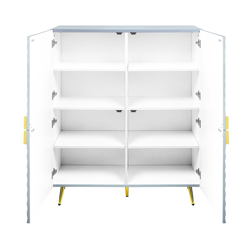 Armoire d'appoint moderne en gris ultrabrillant - 4 portes, tablettes réglables avec pieds en métal, Gris