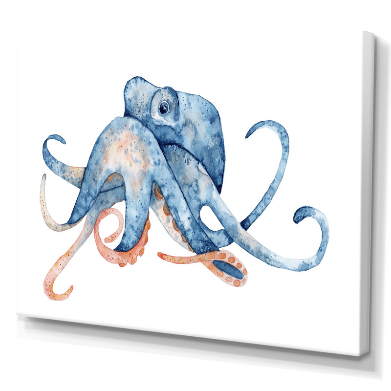 Pieuvre bleue sur blanc - reproduction sur toile, H 24 po x l 32 po x P 1 po, Toile tendue