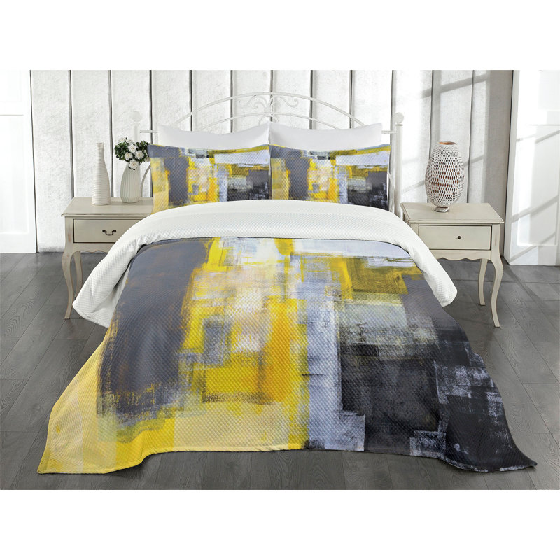 Twin Gray and Yellow Abstract Quilted Bedspread Set