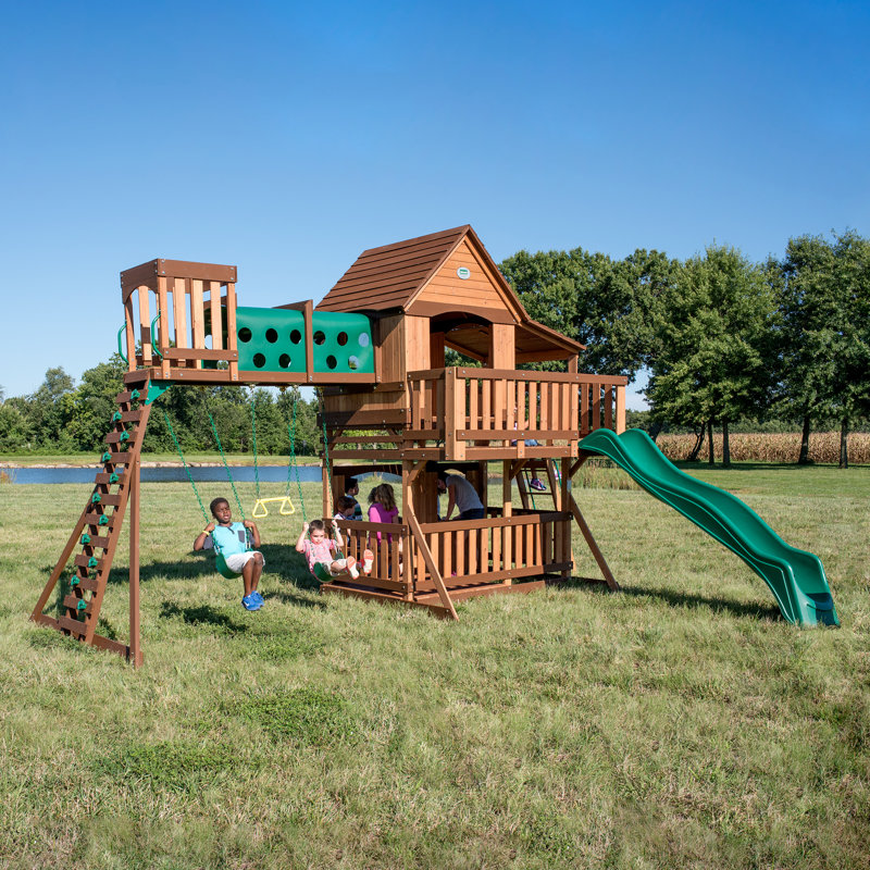 Woodridge Elite Cedar Swing Set with Green Slide and Sandbox