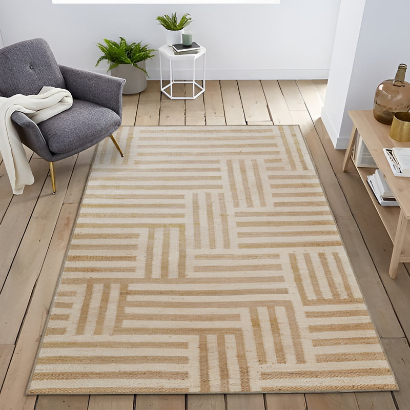 Tapis décoratif moderne à rayures beige, Tapis de couloir 3 pi 9,81 po x 9 pi 10,11 po