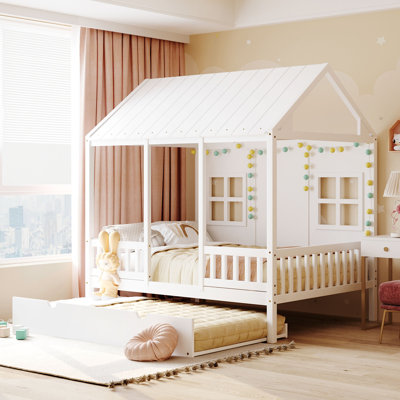 Lit double en bois avec lit gigogne simple, lit de jour en bois, blanc